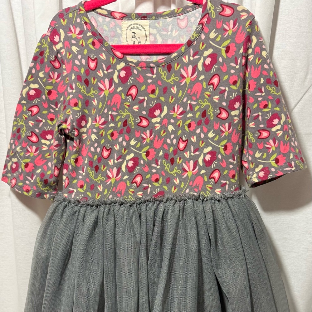 Taylor Joelle Gray & Pink Floral Tulle Dress